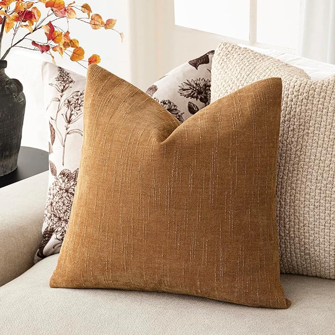 Foindtower Set of 2 Soft Textured Chenille Throw Decorative Pillow Covers Square Accent Solid Cushion Cover Neutral Farmhouse Pillow Case for Couch Sofa Bedroom Living Room 16x16 Inch,Golden Brown