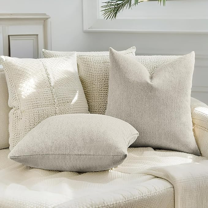 HAUSSY Natural Linen Throw Pillow Covers 18x18 Inch Set of 2,Boho Decorative Faux Linen Throw Pillows Cozy Farmhouse Accent Cushion Covers,Home Decor for Couch Sofa Bed Living Room
