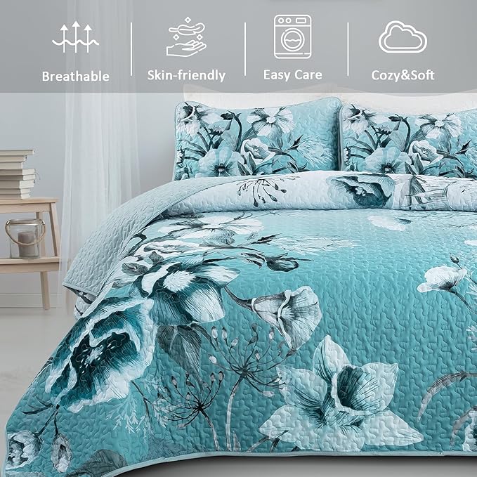 Blue Floral Quilt Set King Size 3 Pieces Boho Flower Quilt Coverlet Set Soft Microfiber Lightweight Floral Quilted Bedspread with 2 Pillow Shams for All Season 90"x104"