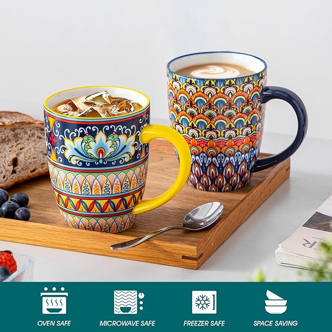 vancasso 16 oz Coffee Mugs Set of 6, Large Ceramic Mug with Handle, Boho Coffee Cups for Latte, Cappuccino & Hot Chocolate, Dishwasher & Microwave Safe Gift Set, Series SIMI