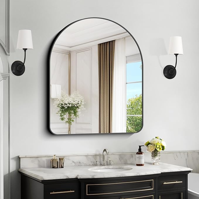 Arched Bathroom Mirror, 30"x36" Black Arched Mirror for Bathroom, Wall Mounted Mirror, Black Vanity Wall Mirror w/Metal Frame for Bedroom, Entryway, Living Room, Hanging or Leaning Against Wall