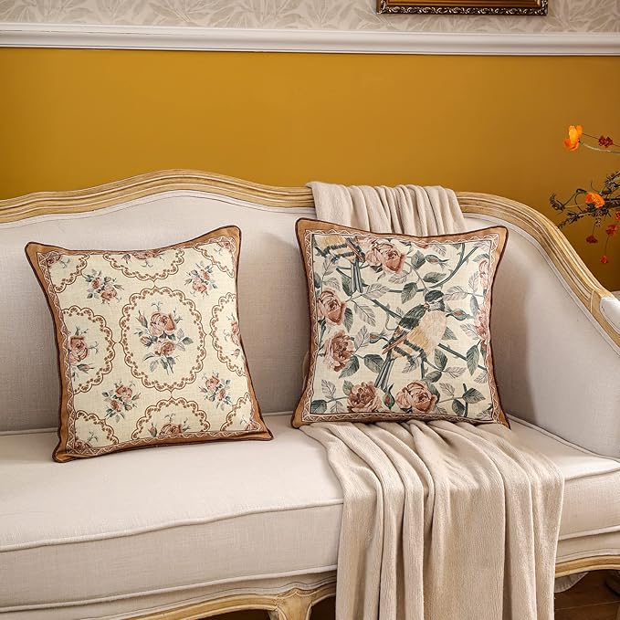 patdrea Designer Vintage Floral Throw Pillow Covers for Couch Set of 2,Brown Linen Pillowcases with Bird and Rose Pattern Decorative Square Cushion for Bed Living Room Outdoor Cafe Car,18"x18"