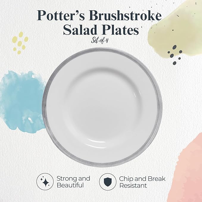 Portmeirion Potter's Brushstroke 8" Dinner Plate (Set of 4) - Handcrafted Earthenware Plates with Accent Rim, Microwave & Dishwasher Safe - Ideal Tableware for Modern & Traditional Dining (Grey)