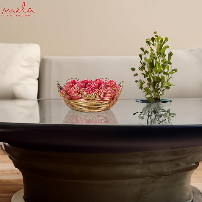 Mela Artisans Decorative Bowl | 12-Inch Gold Metal Wire Fruit Bowl | Perfect for Kitchen Counter | Fruits | Potpourri | Vegetables | Snacks | Candies