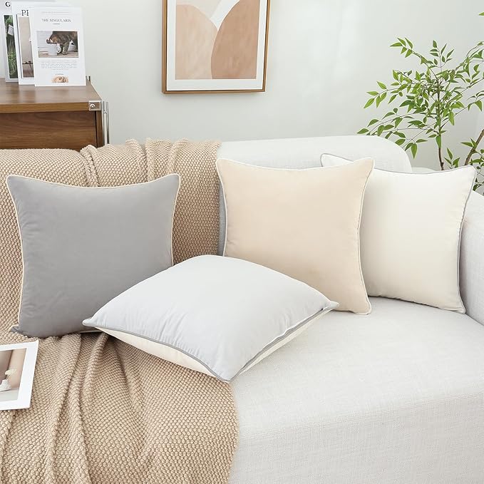 Mecatny Set of 4 Velvet Throw Pillow Covers 20x20, Soft Neutral Accent Decorative Couch Pillow Covers for Sofa Bedroom Living Room, Grey/Beige
