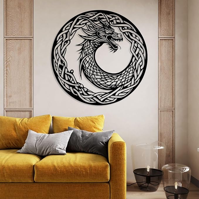 Viking Ouroboros Metal Wall Art, Viking Metal Wall Decor, Celtic Knot Wall Hanging, Nordic Dragon Decor, Scandinavian Sign, Vegvisir Art, Norse Mythology Home Decor (Black, 24"x24"|60x60cm)