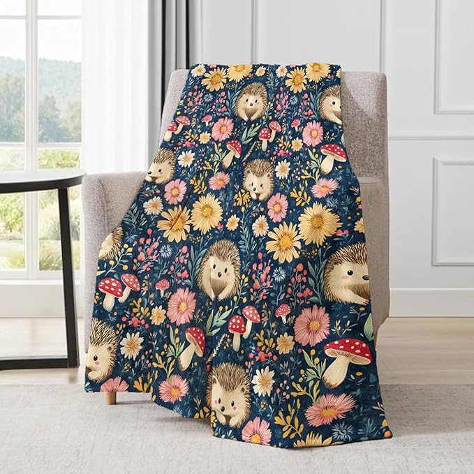Hedgehog Blanket - Cute Floral and Mushroom Fleece Throw,Gifts for Kids Adult, Soft & Warm,Lightweight, for Modern Rustic Whimsical Decor, Animal Lovers, and Room Home Accents 60x80in