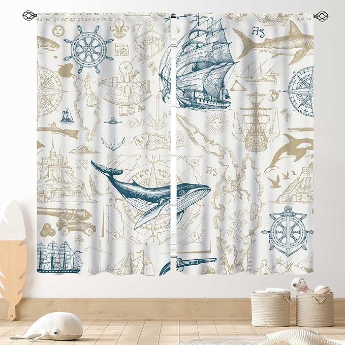 Vintage Nautical Curtains, Marine Coastal Sailboat Compass Anchor Ocean Beach Whale Old Pirate Map Decorative Drapes for Bedroom Living Room Kitchen Bathroom Window 2 Panels Set, 84"x84" Inch