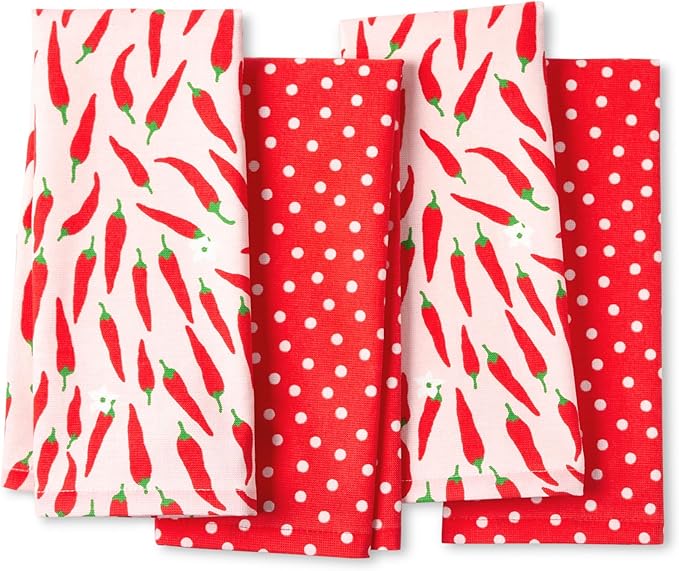 Kate Spade New York Hot Peppers & Spring Times Dot Kitchen Towels 4-Pack Set, Absorbent 100% Cotton, Red/Pink, 17"x28