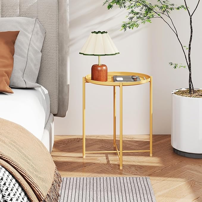 HollyHOME Round Metal Side Table, Outdoor Small Folding Accent Stand with Removable Tray, 17.72'' Portable End Table for Balconies, Gardens, Living Rooms and Bedrooms, Yellow