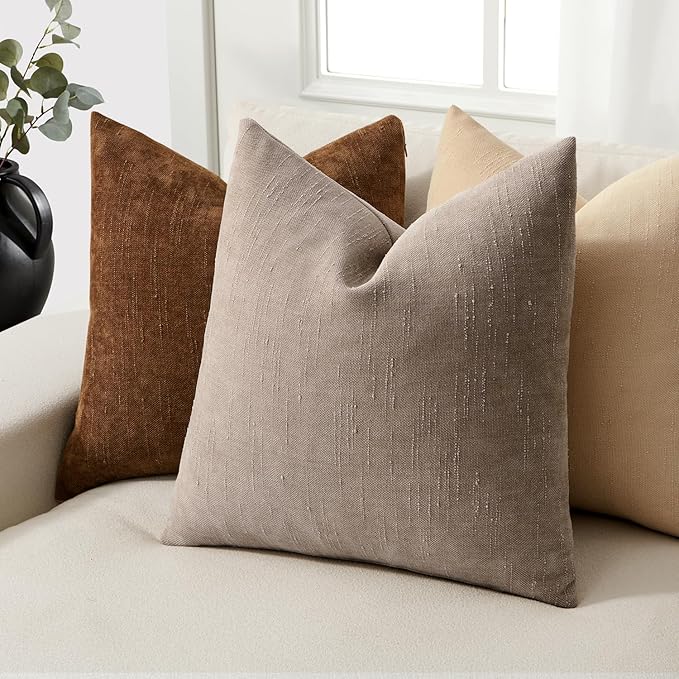 Woaboy Set of 2 Textured Throw Pillow Covers Decorative Soft Accent Square Chenille Pillowcases Neutral Farmhouse Cushions Modern Home Decor for Couch Sofa Bedroom Living Room 20x20 Inch, Light Taupe