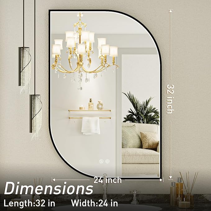24X32 Inch LED Mirror for Bathroom with Lights,Black Frame Lighted Irregular Wall Mirror,Asymmetrical Vanity Mirror,Anti-Fog,Dimmable
