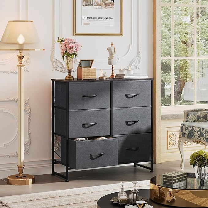 WLIVE Fabric Dresser for Bedroom, 6 Drawer Double Dresser, Storage Tower with Fabric Bins, Chest of Drawers for Closet, Living Room, Hallway, Dark Grey