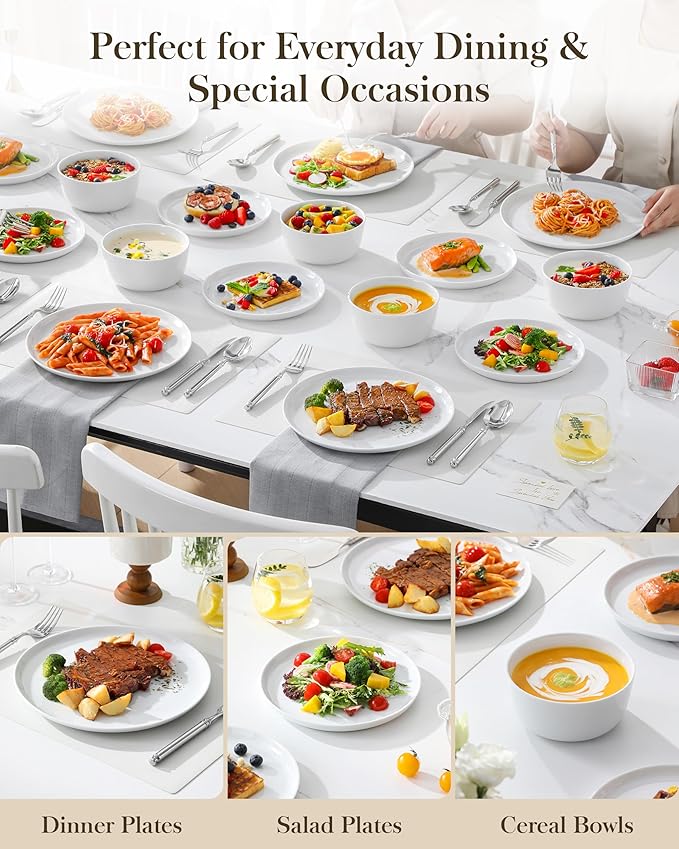 MALACASA 24 Pieces Gourmet Porcelain Dinnerware Sets, Premium Plates and Bowls Set, High-Fired Ceramic Dishes Set for 8, Chip & Scratch Resistant, Microwave Dishwasher Safe, White, Series LEXI