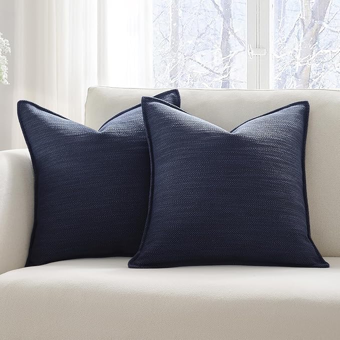 Meekio Set of 2 Navy Blue Pillow Covers 20x20, Linen Look Throw Pillow Covers with Flange Edge for Sofa Couch Living Décor
