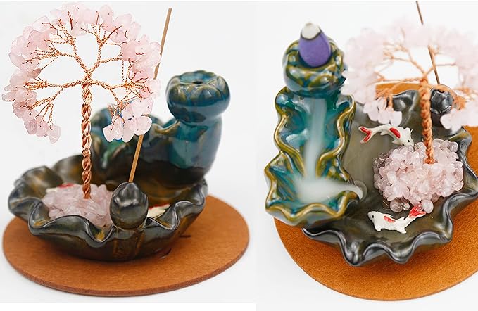 Backflow Incense Holder, Waterfall Incense Burner, Gemstone Money Tree Home Living Room Decorations Office Accessories for Women, Mothers Day Mom Gifts (Rose Quartz)
