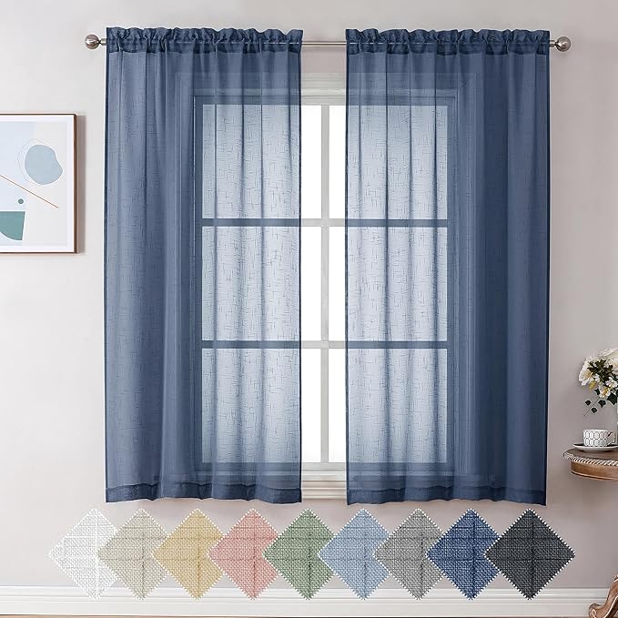 Aiyufeng Kirei Open Linen Weave Flax Textured Navy Blue Sheer Window Curtains 63 inches, Medium Long Privacy Semi-Transparent Sheer Panels for Farmhouse/Bedroom, 80" Wide Total 2 Panels, Dark Blue