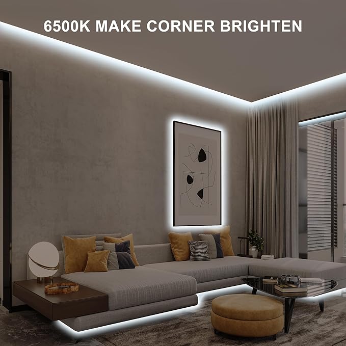 32.8ft COB Led Strip Light with Remote, 6500K Dimmable Bright Daylight White Led COB Strip Light, White Continuous Led Strip Light for Mirror, Stair, Cabinet, Room