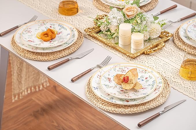 Bone China Plates and Bowels,12-Pieces Dinnerware Sets, Highly Chip and Crack Resistant, Dishwasher & Microwave Safe Dishes Set, Dense and Translucence