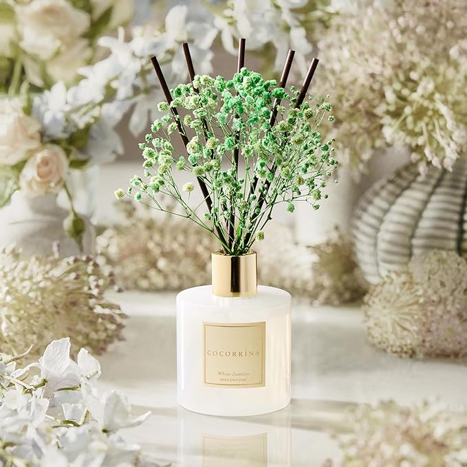 COCORRÍNA Reed Diffuser - White Jasmine 6.7 Fl.oz Reed Diffuser Set with Sticks & Preserved Baby's Breath, Reed Diffuser for Home Bathroom Shelf Decor