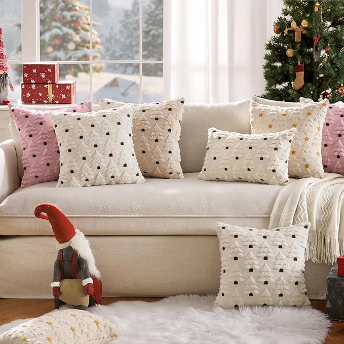 MIULEE Christmas Tree Decorative Pillow Covers Faux Fur Wool Throw Pillows Soft Plush Cushion Covers Set of 2 Xmas Home Decor Winter Holiday for Sofa Couch Livingroom Bed 20x20 Inch Beige