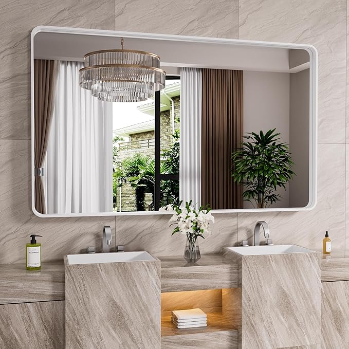 White Bathroom Mirror 55x30 Inch, White Metal Framed Bathroom Mirror for Wall, Rounded Rectangle Matte Bathroom Vanity Mirror, Tempered Glass, Anti-Rust, Horizontal/Vertical