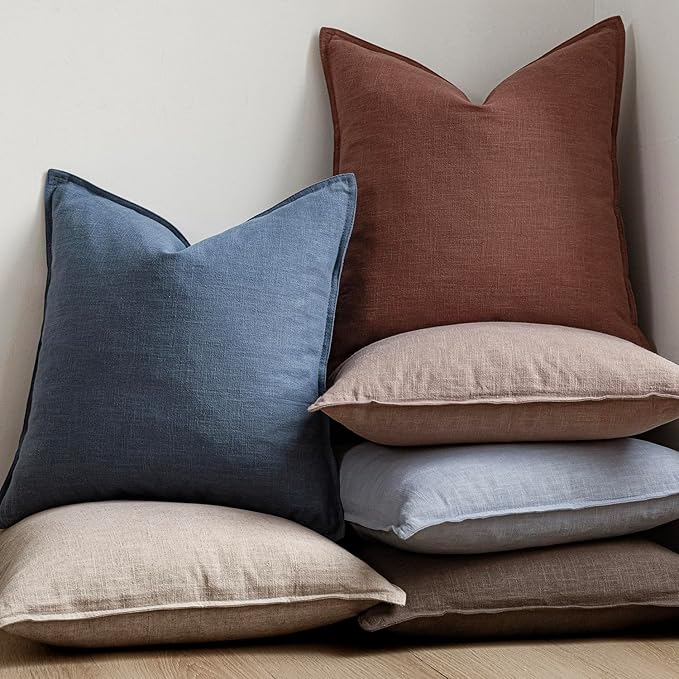 Foindtower Pack of 2, Decorative Linen Soild Throw Pillow Covers Soft Accent Euro Cushion Case Boho Farmhouse Pillowcase for Chair Couch Sofa Bedroom Living Room Home Decor 24 x 24 Inch Sky Blue