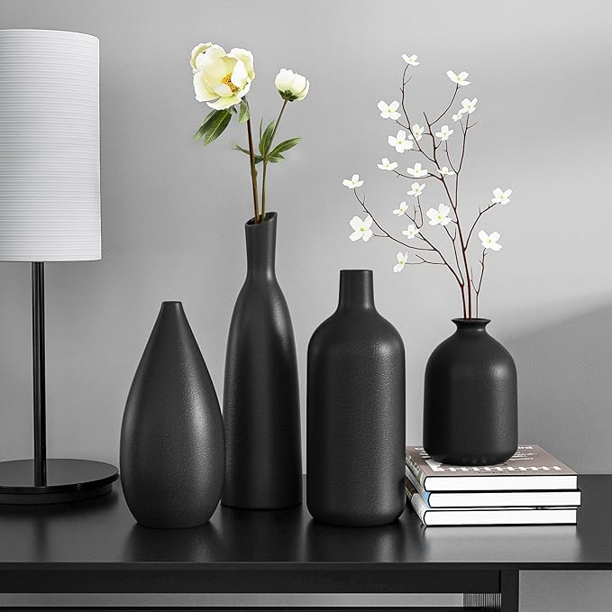 Ceramic Vases, Set of 4, Black, Flower Vases, Modern Decoration, Aesthetic, Vases for Pampas Grass, Flowers, Table Decoration, Tulip Vase, Bookshelf, Mantle, Living Room, Bedroom, Office, Wedding Gift