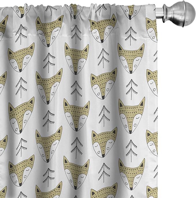 Ambesonne Cartoon Window Curtains, Doodle Style Forest Animals Hand Drawn Sleeping Fox Portraits and Trees, Lightweight Decor 2-Panel Set with Rod Pocket, Pair of - 28" x 95", White Beige