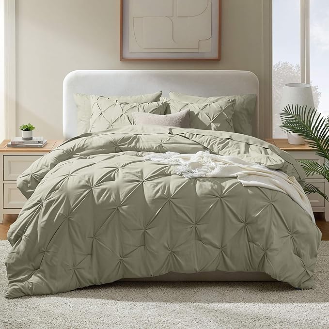 Nestl California King Comforter Set 7 Piece - Pintuck Cal King Comforter Set Light Sage, California King Bed in a Bag, All Season Bed Set with Flat Sheet and Fitted Sheet, Pillowcases and Shams