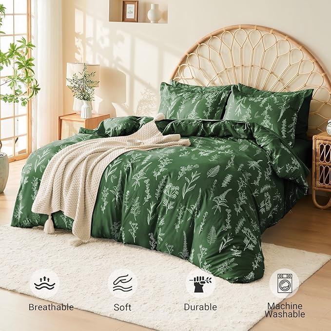 MUXHOMO Dark Green Full Comforter Set, Elegant Floral Print Bed in a Bag 7 Pieces, Ultra Soft & Breathable Reversible Botanical Pattern Bedding Set with Comforter, Sheets, Pillowcases, and Shams