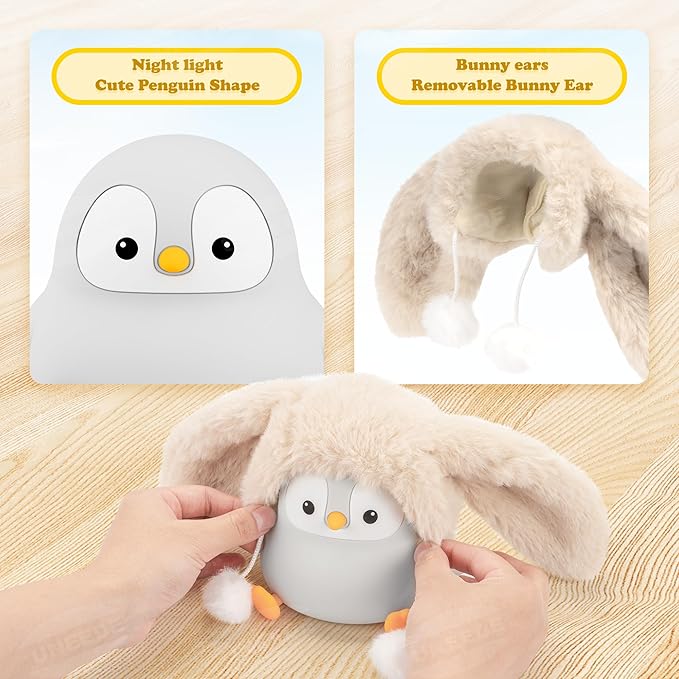 UNEEDE Sitting Penguin Night Light with Removable Floppy Bunny Ears - Silicone Touch Lamp, USB Rechargeable, Dimmable Nursery Light for Kids & Holiday Decor