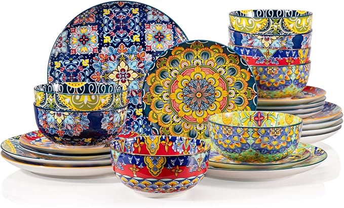 Sweejar Ceramic Dinnerware Sets for 8,24 Pieces Boho Plates and Bowls for Kitchen,Housewaring Gift,Bohemian Style Dish Set,Dishwasher and Microwave Safe(Colorful)