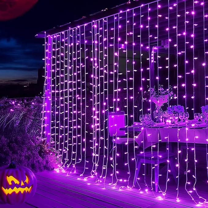 Dazzle Bright 300 LED Christmas Curtain String Lights, Halloween Fairy Lights for Bedroom with 8 Lighting Modes, Waterproof Window Light Party Wedding Garden Wall Decor, Purple