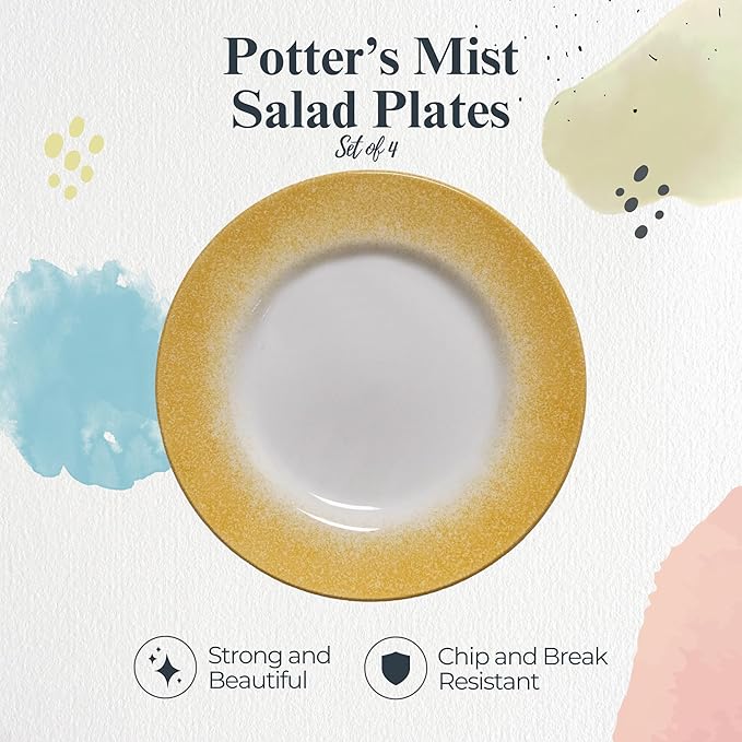 Portmeirion Potter's Mist Dinner Plate (Set of 4) - 8" Earthenware Plates with Classic Mist Rim - Microwave, Dishwasher, Freezer, Oven Safe - Ideal Modern Dinnerware Set (Yellow Mist)