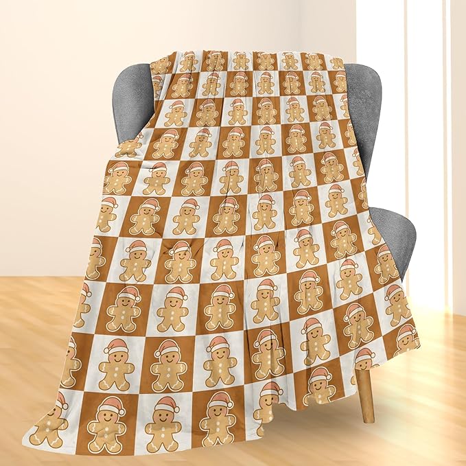Christmas Gingerbread Blanket, Soft Lightweight Flannel Cute Gingerbread Men Throw Blanket for Couch, Bed, Travel & Holiday Decor Gifts, Cozy Warm Checkered Pattern Blankets for Women Kids 50×40 in