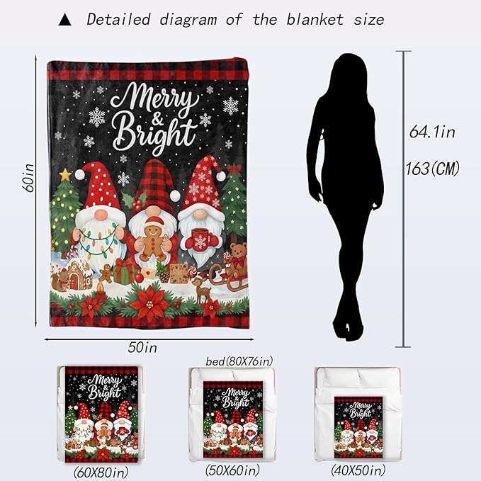 Gnome Christmas Decorative Throw Blanket, Merry Bright Red Black Plaid Gingerbread Print Decoration, Flannel Winter Blankets for Couch Sofa, Holiday Home Decor, Xmas Festival Gifts 60x80 Inch