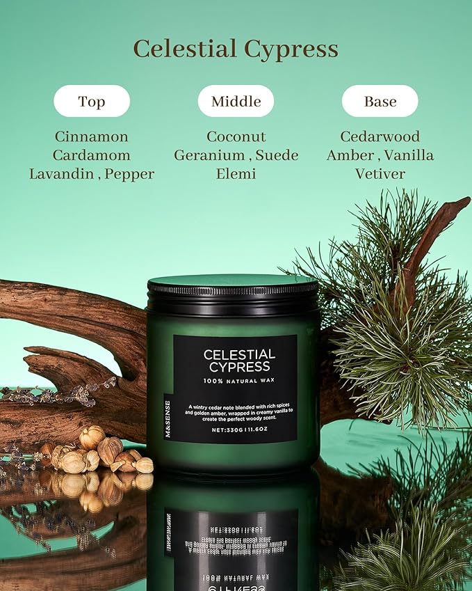M&SENSE Celestial Cypress - Cedarwood Spice Scent Natural Soy Wax Highly Scented Candle, 11.6oz 2 Wick 70 Hours Long Lasting Candle Woody Scent Gifts for Dad