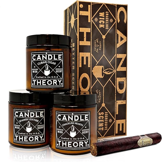 Scented Candle Gift Set of 3, 4oz Candles, Crackling Wood Wick Candled for Home, 3 Scents Cuban Cigar, Spanish Leather, Crackling Hearth, Mens Candle Bachelor Pad Decor Man Cave Decor