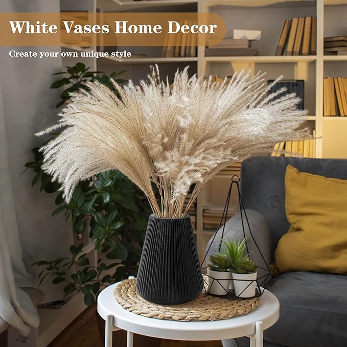 Black Ceramic Vase, GUKJOB Small Cute Flower Vase for Pampas Grass, Home, Living Room, Dining Table, Farmhouse, Office Decor, Bedroom, Table, and Kitchen Shelf (Black - 2Pcs)