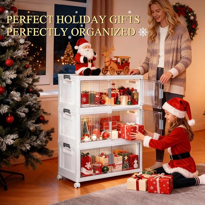 OlarHike 144QT Lockable Storage Bins with Lids - Folding Storage box with Doors and Wheels, Collapsible Plastic Bins for Closets, Stackable Organizer and Containers, Christmas Gifts, 3 Pack Cubes