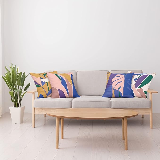 Ambesonne Exotic Throw Pillow Cushion Case Pack of 4, Tropical Themed Leaves Branches Monstera Plant Summer Vibes Pastel, Modern Accent Double-Sided Digital Printing, 18", Peach Blue Violet Mustard