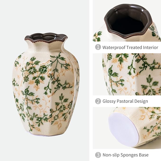 Vintage Pastoral Octagonal Vase, Green and Beige Retro Ceramic Flower Vases, Rustic Farmhouse Vases Chinoiserie Floral Small Vase for Home Decor, Living Room, Kitchen, Bedroom and Shelf 6.7 Inch