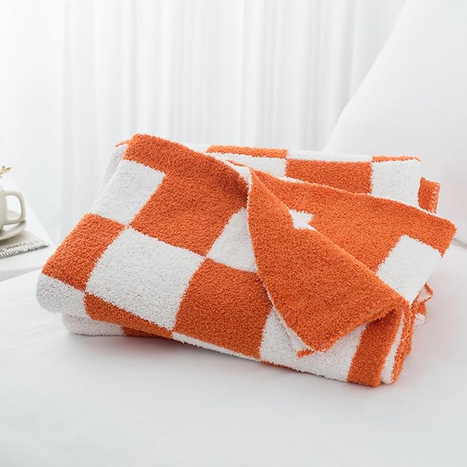 Carriediosa Checkered Throw Blanket 50" X 60", 400GSM Ultra Soft Microfiber Fuzzy Fluffy Reversible Cute Preppy Knitted Blankets Cozy Plush Fall Throws for Couch, Bed, Sofa, Burnt Orange