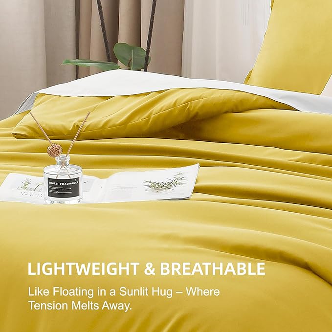 Litanika Mustard Yellow Comforter Set Queen Size, 3 Pieces Lightweight Solid Bedding Comforter Set, All Season Fluffy Bed Set (90x90In Comforter & 2 Pillowcases)