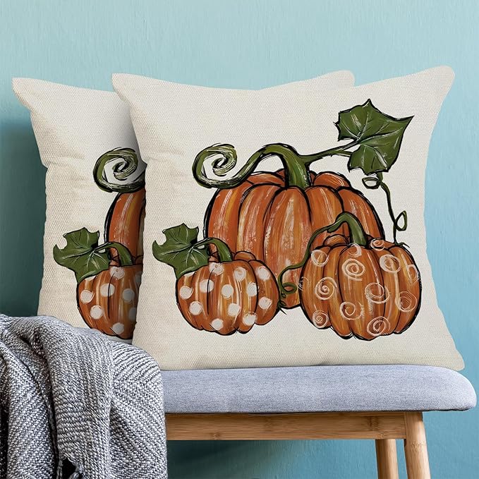 Fall Pillow Covers 16 x 16 Inch, Polka Dots Burnt Orange Pumpkins Decor Throw Pillows for Home Couch Bed, Autumn Thanksgiving Harvest Outdoor Decorative Pillowcase Linen Cushion Cover Set of 2