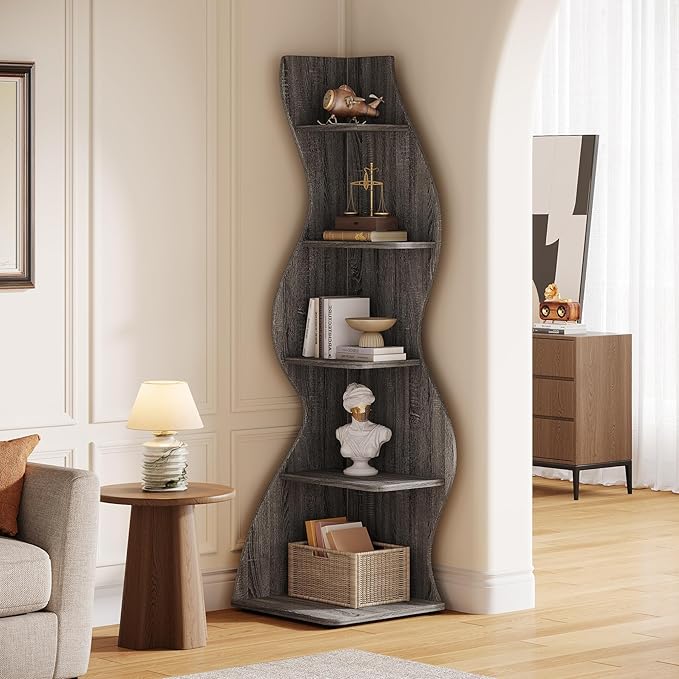 Tribesigns Wavy Corner Shelf, Modern 5-Tier Bookshelf Bookcase with Curvy Shape, Unique Plant Stand Display Rack for Living Room Small Space (Gray)