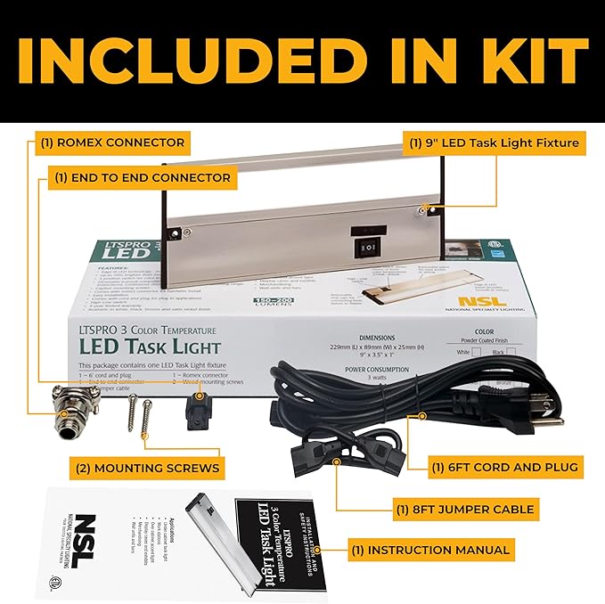 LED Under Cabinet Lighting Hardwired - 3CCT 9 Inch Satin Finish - Undercabinet Lights for Kitchen - Linkable Undercounter Dimmable Plug in Light or Hard Wired - Under Counter Fixture Direct Wire