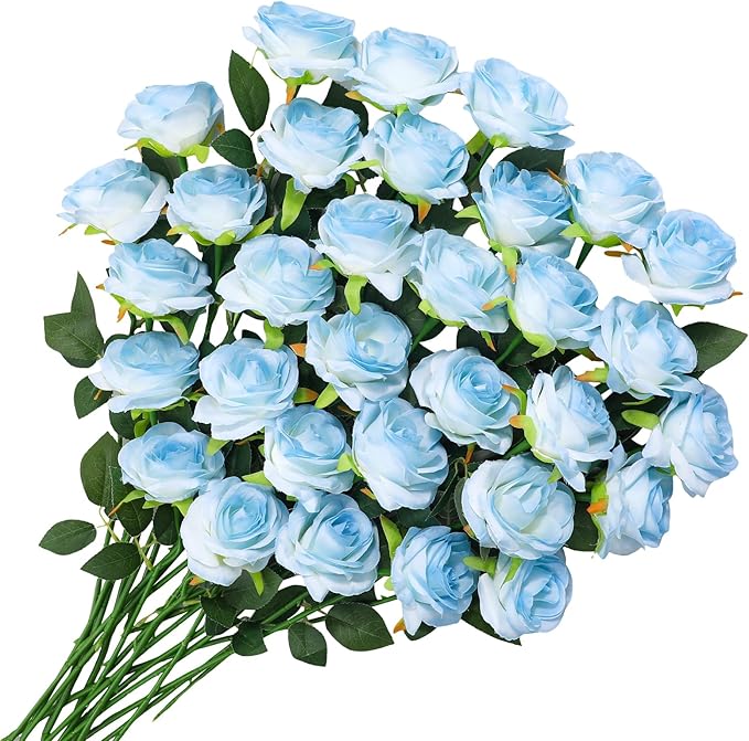 32 Pcs Ice Blue Artificial Roses Fake Flowers, Silk Flowers with Stems for DIY Wedding Bridal Shower Centerpieces Arrangements Tables Decorations