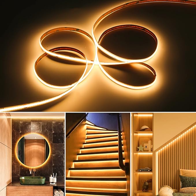 PAUTIX COB LED Strip Light 16.4ft,Engineering Level UL Listed Warm White 2700K,CRI93+ Super Bright High Lumen,Dimmable 24V Flexible LED Tape Light with RF Remote,for Cabinets,Home&Office DIY Lighting
